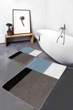 2'li Set Siyah - Mavi Zeminde Kareli Motifli Kanvas Desenli Geometrik Sade & Şık  2'li Banyo & Mutfak Paspas Takımı Realhomes