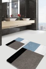 2'li Set Siyah - Mavi Zeminde Kareli Motifli Kanvas Desenli Geometrik Sade & Şık  2'li Banyo & Mutfak Paspas Takımı Realhomes