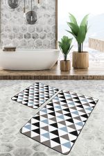 - PaspasTakimi-2li-Set1618-Gorsel - Realhomes  2'li Set Siyah - Mavi Zeminde Üçgen Motifli Geometrik Desenli Geometrik Sade & Şık  2'li Banyo & Mutfak Paspas Takımı Realhomes