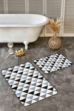 - Realhomes - Realhomes  2'li Set Siyah - Mavi Zeminde Üçgen Motifli Geometrik Desenli Geometrik Sade & Şık  2'li Banyo & Mutfak Paspas Takımı Realhomes