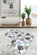 - PaspasTakimi-2li-Set1620-Gorsel-1 - Realhomes 2'li Set Siyah - Mavi Zeminde Yaprak Motifli Modern Sanat Desenli Floral Sade & Şık 2'li Banyo & Mutfak Paspas Takımı Realhomes