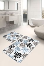 - PaspasTakimi-2li-Set1620-Gorsel - Realhomes 2'li Set Siyah - Mavi Zeminde Yaprak Motifli Modern Sanat Desenli Floral Sade & Şık 2'li Banyo & Mutfak Paspas Takımı Realhomes