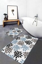 - PaspasTakimi-2li-Set1620-Gorsel-2 - Realhomes 2'li Set Siyah - Mavi Zeminde Yaprak Motifli Modern Sanat Desenli Floral Sade & Şık 2'li Banyo & Mutfak Paspas Takımı Realhomes