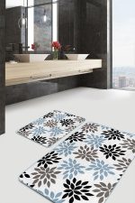 - PaspasTakimi-2li-Set1620-Gorsel-4 - Realhomes 2'li Set Siyah - Mavi Zeminde Yaprak Motifli Modern Sanat Desenli Floral Sade & Şık 2'li Banyo & Mutfak Paspas Takımı Realhomes