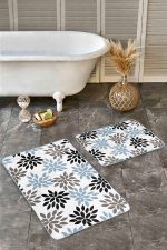 - Realhomes - Realhomes 2'li Set Siyah - Mavi Zeminde Yaprak Motifli Modern Sanat Desenli Floral Sade & Şık 2'li Banyo & Mutfak Paspas Takımı Realhomes