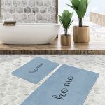 2'li Set Gri - Mavi Zeminde Geometrik Motifli Gold Desenli Geometrik Modern  2'li Banyo & Mutfak Paspas Takımı Realhomes