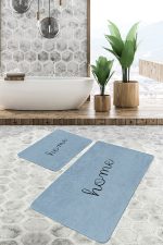 2'li Set Mavi - Siyah Zeminde Home Yazılı Motifli Düz Renk Desenli Sade & Şık Klasik  2'li Banyo & Mutfak Paspas Takımı Realhomes