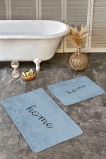 2'li Set Mavi - Siyah Zeminde Home Yazılı Motifli Düz Renk Desenli Sade & Şık Klasik  2'li Banyo & Mutfak Paspas Takımı Realhomes