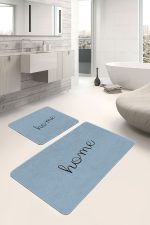 2'li Set Mavi - Siyah Zeminde Home Yazılı Motifli Düz Renk Desenli Sade & Şık Klasik  2'li Banyo & Mutfak Paspas Takımı Realhomes