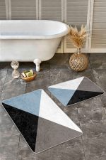 - Realhomes - Realhomes  2'li Set Siyah - Mavi Zeminde Üçgen Motifli Geometrik Desenli Geometrik Klasik  2'li Banyo & Mutfak Paspas Takımı Realhomes