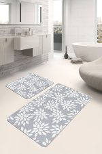 2'li Set Gri - Beyaz Zeminde Yaprak Motifli Klasik Desenli Floral Sade & Şık  2'li Banyo & Mutfak Paspas Takımı Realhomes