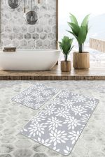 2'li Set Gri - Beyaz Zeminde Yaprak Motifli Klasik Desenli Floral Sade & Şık  2'li Banyo & Mutfak Paspas Takımı Realhomes