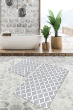 2'li Set Gri - Beyaz Zeminde Geometrik Motifli Baklava Desenli Geometrik Sade & Şık  2'li Banyo & Mutfak Paspas Takımı Realhomes