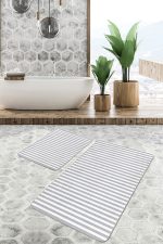 - PaspasTakimi-2li-Set1625-Gorsel-2 - Realhomes  2'li Set Gri - Beyaz Zeminde Geometrik Motifli Çizgili Desenli Geometrik Klasik  2'li Banyo & Mutfak Paspas Takımı Realhomes