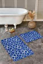 - Realhomes - Realhomes  2'li Set Lacivert Zeminde Dairesel Motifli Geometrik Desenli Geometrik Klasik  2'li Banyo & Mutfak Paspas Takımı Realhomes