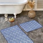 2'li Set Siyah - Mavi Zeminde Yaprak Motifli Kanvas Desenli Floral Sade & Şık  2'li Banyo & Mutfak Paspas Takımı Realhomes