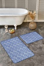 2'li Set Lacivert Zeminde Geometrik Motifli Mozaik Desenli Geometrik Sade & Şık  2'li Banyo & Mutfak Paspas Takımı Realhomes