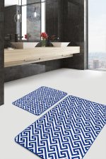 2'li Set Lacivert Zeminde Geometrik Motifli Mozaik Desenli Geometrik Sade & Şık  2'li Banyo & Mutfak Paspas Takımı Realhomes