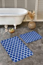 2'li Set Lacivert Zeminde Ogea Motifli Morrocan Desenli Geometrik Sade & Şık  2'li Banyo & Mutfak Paspas Takımı Realhomes
