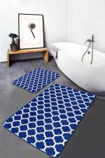 2'li Set Lacivert Zeminde Ogea Motifli Morrocan Desenli Geometrik Sade & Şık  2'li Banyo & Mutfak Paspas Takımı Realhomes