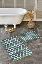 - Realhomes - Realhomes  2'li Set Yeşil - Turkuaz Zeminde Ogea Motifli Morrocan Desenli Geometrik Klasik  2'li Banyo & Mutfak Paspas Takımı Realhomes