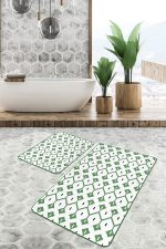 - PaspasTakimi-2li-Set1633-Gorsel-2 - Realhomes 2'li Set Yeşil Zeminde Geleneksel Motifli İskandinav Desenli Geometrik Klasik 2'li Banyo & Mutfak Paspas Takımı Realhomes