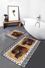 2'li Set Kahverengi - Siyah Zeminde Etnik Motifli Su Küpü Desenli Etnik Motifler Bohem  2'li Banyo & Mutfak Paspas Takımı Realhomes