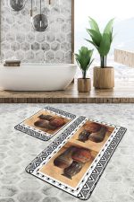 2'li Set Kahverengi - Siyah Zeminde Etnik Motifli Su Küpü Desenli Etnik Motifler Bohem  2'li Banyo & Mutfak Paspas Takımı Realhomes