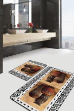 2'li Set Kahverengi - Siyah Zeminde Etnik Motifli Su Küpü Desenli Etnik Motifler Bohem  2'li Banyo & Mutfak Paspas Takımı Realhomes