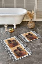 2'li Set Kahverengi - Siyah Zeminde Etnik Motifli Su Küpü Desenli Etnik Motifler Bohem  2'li Banyo & Mutfak Paspas Takımı Realhomes