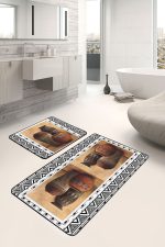 2'li Set Kahverengi - Siyah Zeminde Etnik Motifli Su Küpü Desenli Etnik Motifler Bohem  2'li Banyo & Mutfak Paspas Takımı Realhomes