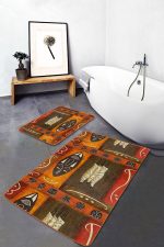 2'li Set Turuncu Kahverengi Zeminde Mask Motifli Afrika Desenli Etnik Motifler Bohem  2'li Banyo & Mutfak Paspas Takımı Realhomes