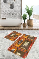 2'li Set Turuncu Kahverengi Zeminde Mask Motifli Afrika Desenli Etnik Motifler Bohem  2'li Banyo & Mutfak Paspas Takımı Realhomes