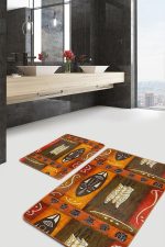 2'li Set Turuncu Kahverengi Zeminde Mask Motifli Afrika Desenli Etnik Motifler Bohem  2'li Banyo & Mutfak Paspas Takımı Realhomes