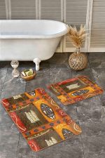 2'li Set Turuncu Kahverengi Zeminde Mask Motifli Afrika Desenli Etnik Motifler Bohem  2'li Banyo & Mutfak Paspas Takımı Realhomes