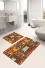 2'li Set Turuncu Kahverengi Zeminde Mask Motifli Afrika Desenli Etnik Motifler Bohem  2'li Banyo & Mutfak Paspas Takımı Realhomes