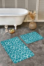 - Realhomes - Realhomes  2'li Set Turkuaz Zeminde Dairesel Motifli Geometrik Desenli Geometrik Sade & Şık  2'li Banyo & Mutfak Paspas Takımı Realhomes