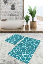 - PaspasTakimi-2li-Set1639-Gorsel-4 - Realhomes  2'li Set Turkuaz Zeminde Dairesel Motifli Geometrik Desenli Geometrik Sade & Şık  2'li Banyo & Mutfak Paspas Takımı Realhomes