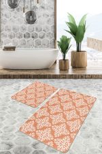 2'li Set Turuncu Zeminde Damask Motifli Geleneksel Desenli Avangarde Vintage  2'li Banyo & Mutfak Paspas Takımı Realhomes