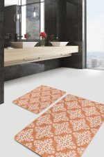 2'li Set Turuncu Zeminde Damask Motifli Geleneksel Desenli Avangarde Vintage  2'li Banyo & Mutfak Paspas Takımı Realhomes
