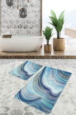 2'li Set Gold - Turkuaz Zeminde Mermer Motifli Modern Sanat Desenli Modern Sade & Şık  2'li Banyo & Mutfak Paspas Takımı Realhomes