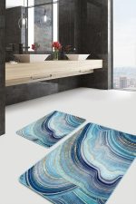 - PaspasTakimi-2li-Set1652-Gorsel-2 - Realhomes  2'li Set Gold - Turkuaz Zeminde Mermer Motifli Modern Sanat Desenli Modern Sade & Şık  2'li Banyo & Mutfak Paspas Takımı Realhomes