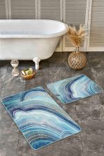 - Realhomes - Realhomes 2'li Set Gold - Turkuaz Zeminde Mermer Motifli Modern Sanat Desenli Modern Sade & Şık 2'li Banyo & Mutfak Paspas Takımı Realhomes