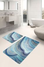 - PaspasTakimi-2li-Set1652-Gorsel-5 - Realhomes  2'li Set Gold - Turkuaz Zeminde Mermer Motifli Modern Sanat Desenli Modern Sade & Şık  2'li Banyo & Mutfak Paspas Takımı Realhomes