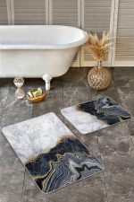 - Realhomes - Realhomes  2'li Set Gold - Gri Zeminde Mermer Motifli Klasik Desenli Sade & Şık Modern  2'li Banyo & Mutfak Paspas Takımı Realhomes