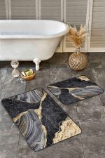 - Realhomes - Realhomes 2'li Set Gold - Siyah Zeminde Mermer Motifli Modern Sanat Desenli Sade & Şık Klasik 2'li Banyo & Mutfak Paspas Takımı Realhomes