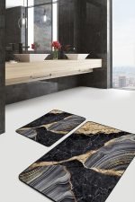 - PaspasTakimi-2li-Set1656-Gorsel - Realhomes 2'li Set Gold - Siyah Zeminde Mermer Motifli Modern Sanat Desenli Sade & Şık Klasik 2'li Banyo & Mutfak Paspas Takımı Realhomes
