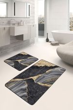 - PaspasTakimi-2li-Set1656-Gorsel-2 - Realhomes 2'li Set Gold - Siyah Zeminde Mermer Motifli Modern Sanat Desenli Sade & Şık Klasik 2'li Banyo & Mutfak Paspas Takımı Realhomes