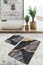 - PaspasTakimi-2li-Set1656-Gorsel-4 - Realhomes 2'li Set Gold - Siyah Zeminde Mermer Motifli Modern Sanat Desenli Sade & Şık Klasik 2'li Banyo & Mutfak Paspas Takımı Realhomes