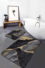 - PaspasTakimi-2li-Set1656-Gorsel-5 - Realhomes 2'li Set Gold - Siyah Zeminde Mermer Motifli Modern Sanat Desenli Sade & Şık Klasik 2'li Banyo & Mutfak Paspas Takımı Realhomes